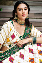 White Silk Lehenga Choli For Indian Festivals & Weddings - Sequence Embroidery Work, Thread Work, Print Work