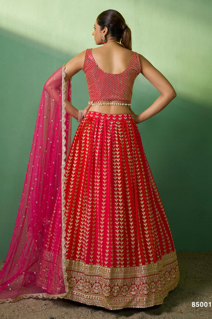 Red Pakistani Georgette Lehenga Choli For Indian Festivals & Weddings - Sequence Embroidery Work, Thread Embroidery Work,