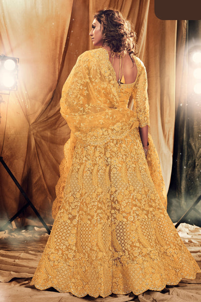 Yellow Pakistani Net Lehenga Choli For Indian Festivals & Weddings - Thread Embroidery Work,