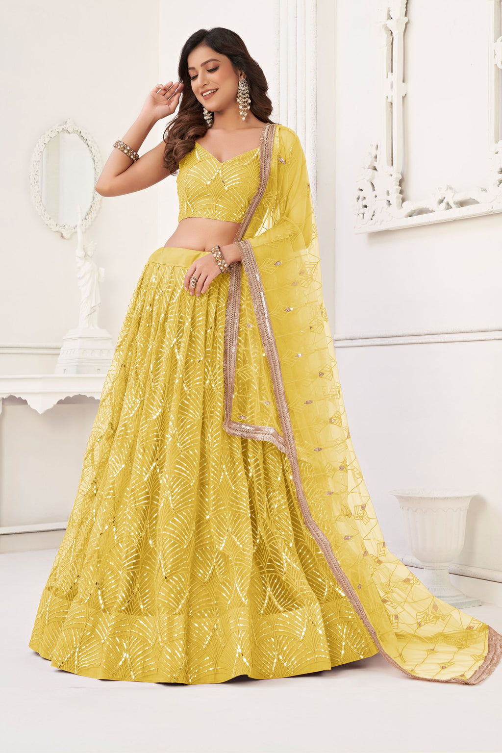 Yellow Net Embroidered Lehenga Choli For Indian Festival & Weddings - Embroidery Work