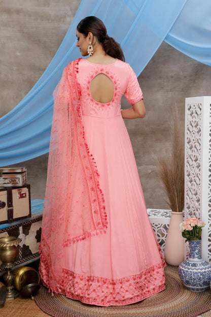 Pink Pakistani Silk Anarkali Gown For Indian Festivals & Weddings - Thread Embroidery Work,