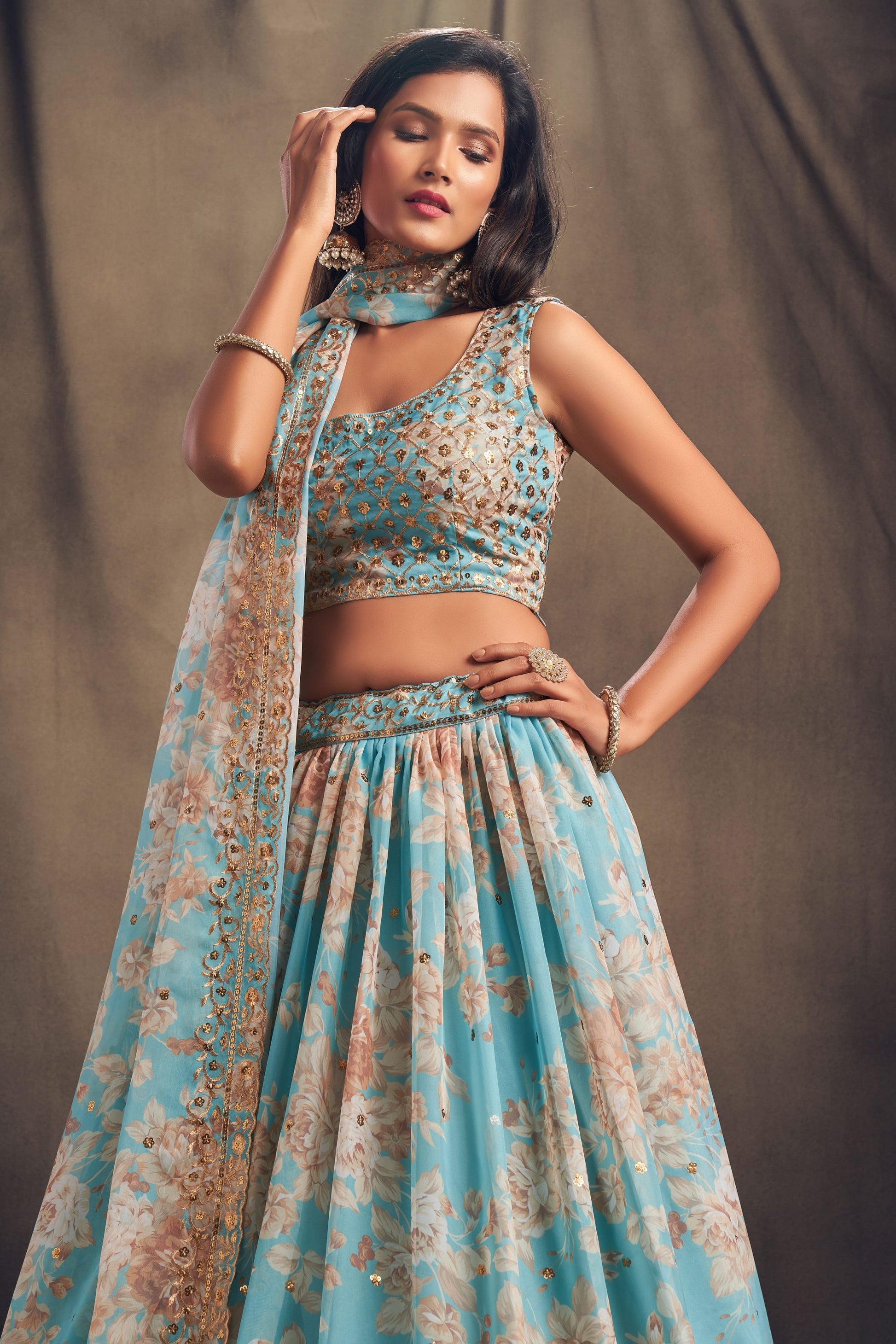 Light Blue Organza Lehenga Choli For Indian Festival & Weddings - Embroidery Work, Print Work