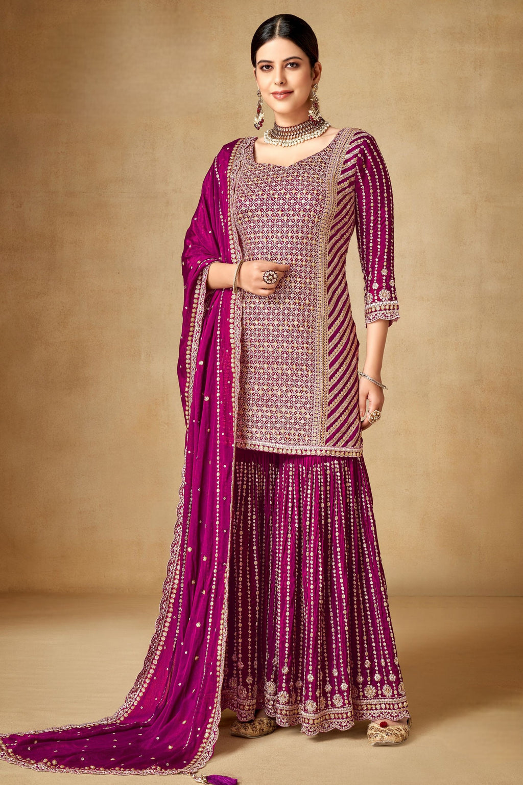Pink Chinon Silk Sharara Suit for Women for Wedding & Engagement - Sequence Embroidery Work, Zari Work