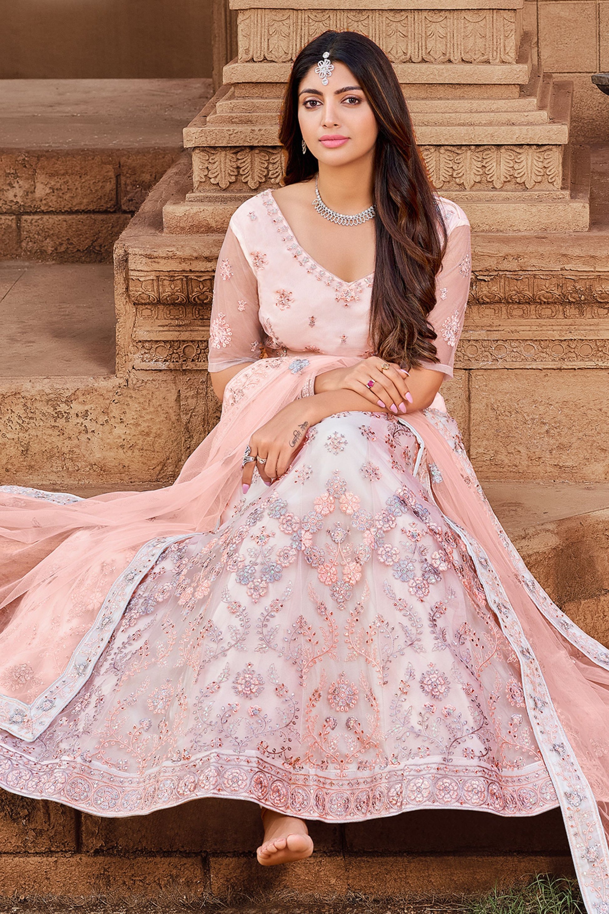 Light Pink Pakistani Net Lehenga Choli For Indian Festivals & Weddings - Thread Embroidery Work, Mirror Work, Zari Work