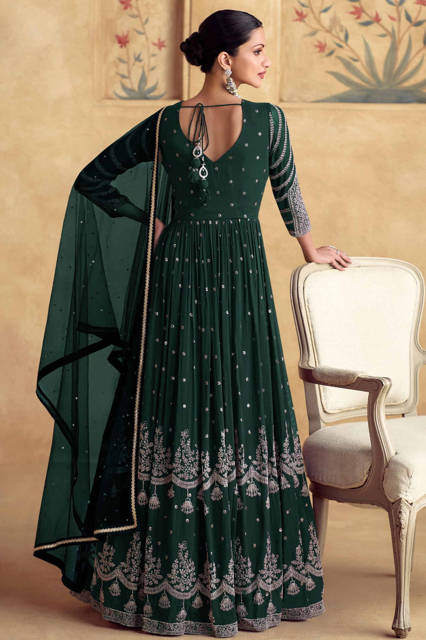 Dark Green Chinon Silk Anarkali Gown Suit For Indian Festivals & Weddings - Embroidery Work