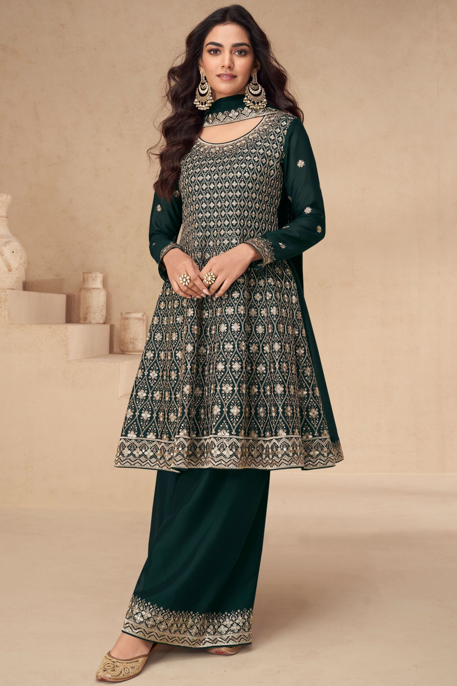 Dark Green Chinon Silk Plazo Suit For Wedding & Festival - Embroidery Work