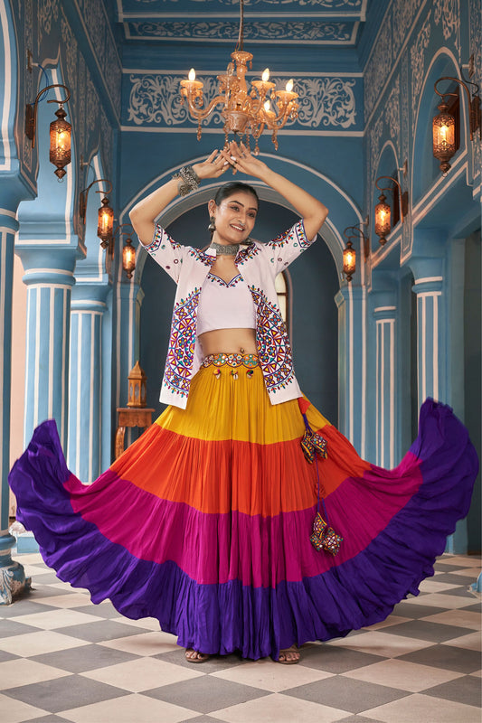 Multicolor Rayon Chaniya Choli For Navratri Garba Festivals 14 Meters Flair - Embroidery Work, Real Mirror Work