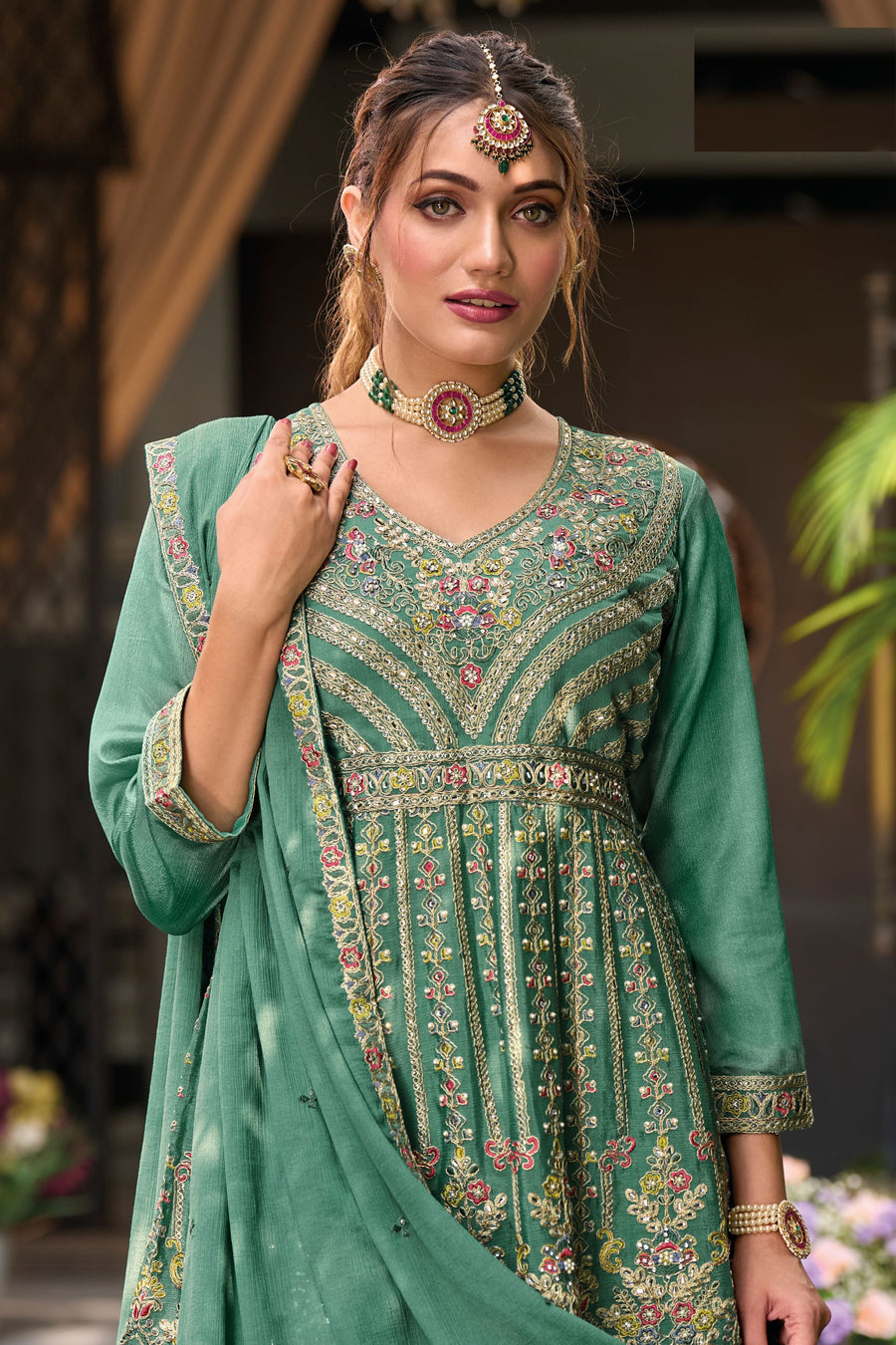 Green Chinon Silk Kameez with Plazo For Indian Festivals & Weddings - Embroidery Work