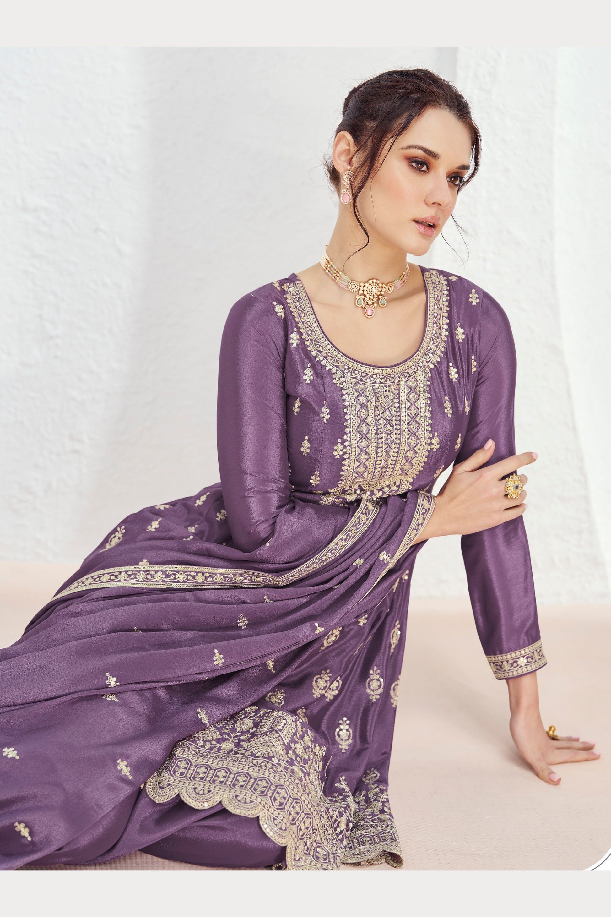 Purple Chinon Silk Palazzo Suit For Indian Festival & Pakistani Weddings - Embroidery Work