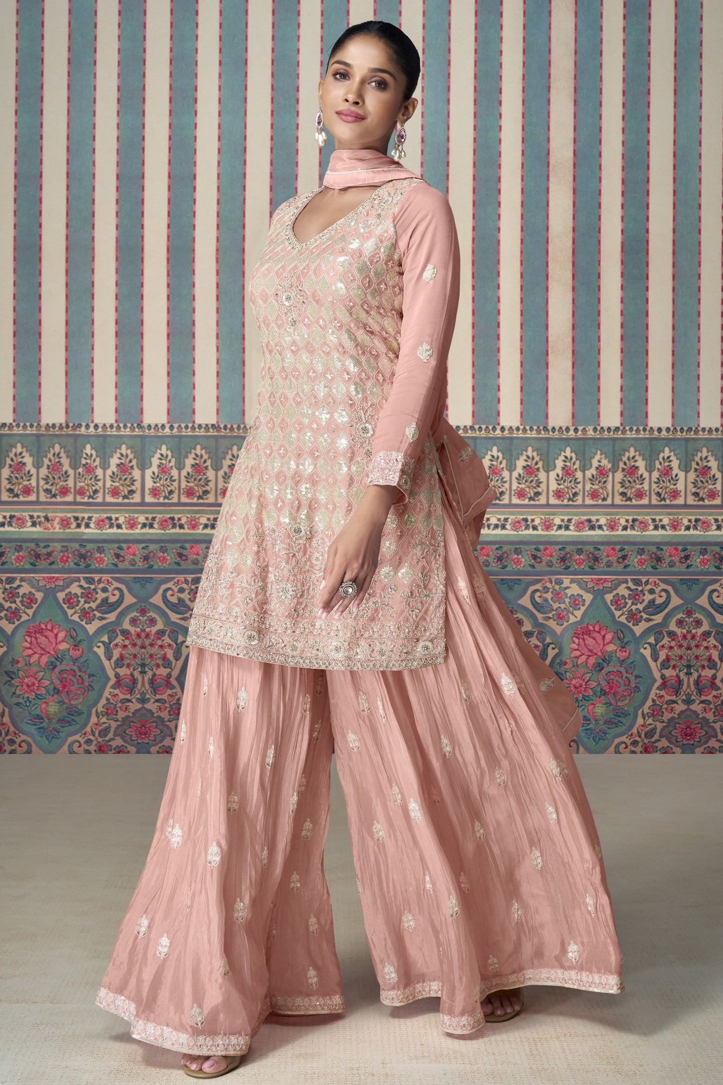 Baby Pink Chinon Silk Plazo Suits for Indian Festival & Pakistani Wedding - Embroidery Work