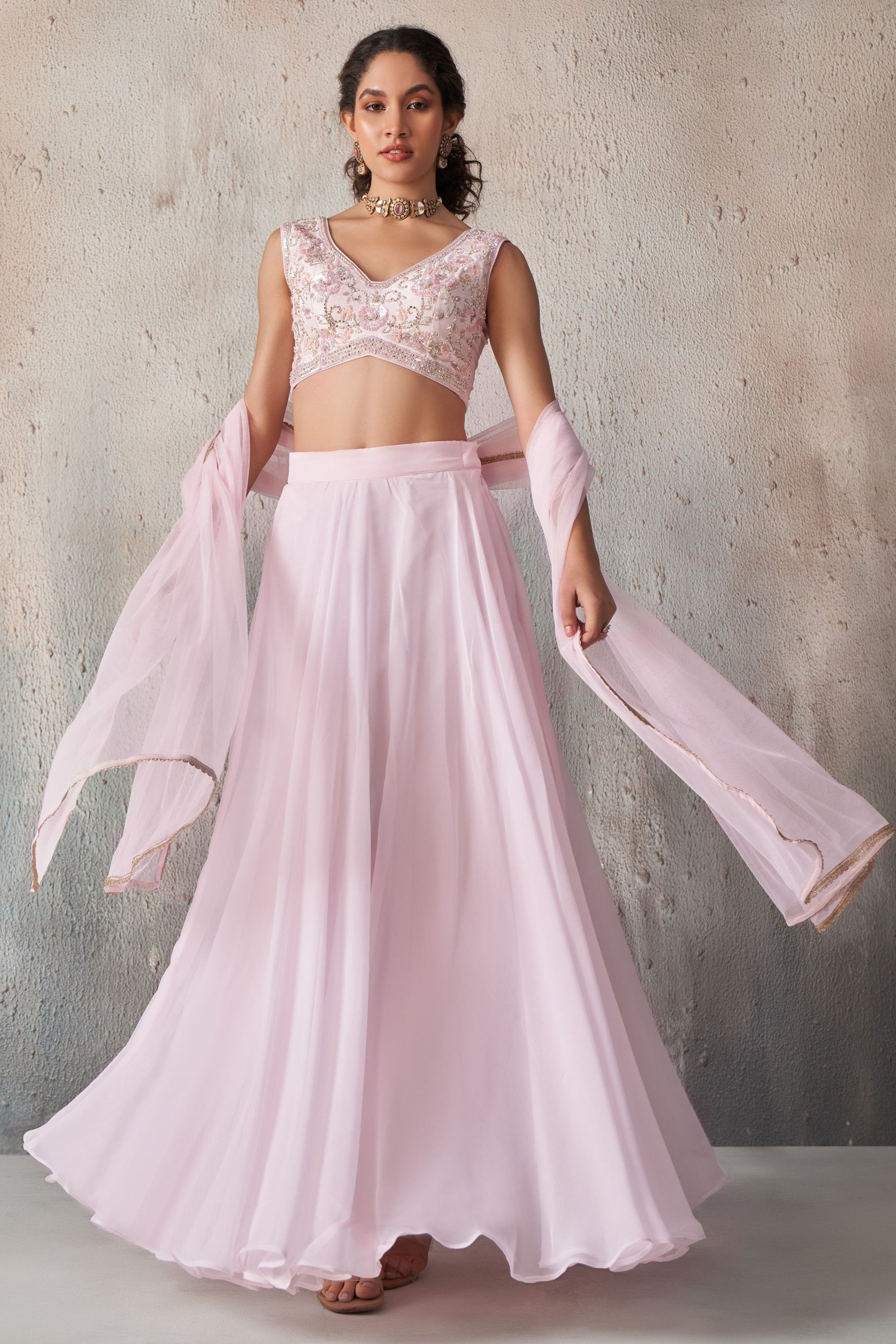 Light Pink Georgette Sleeveless Lehenga Choli For Indian Festivals & Weddings - Khatli Work, Sequence Embroidery Work, Resham Work, Cut Dana Work, Moti Work