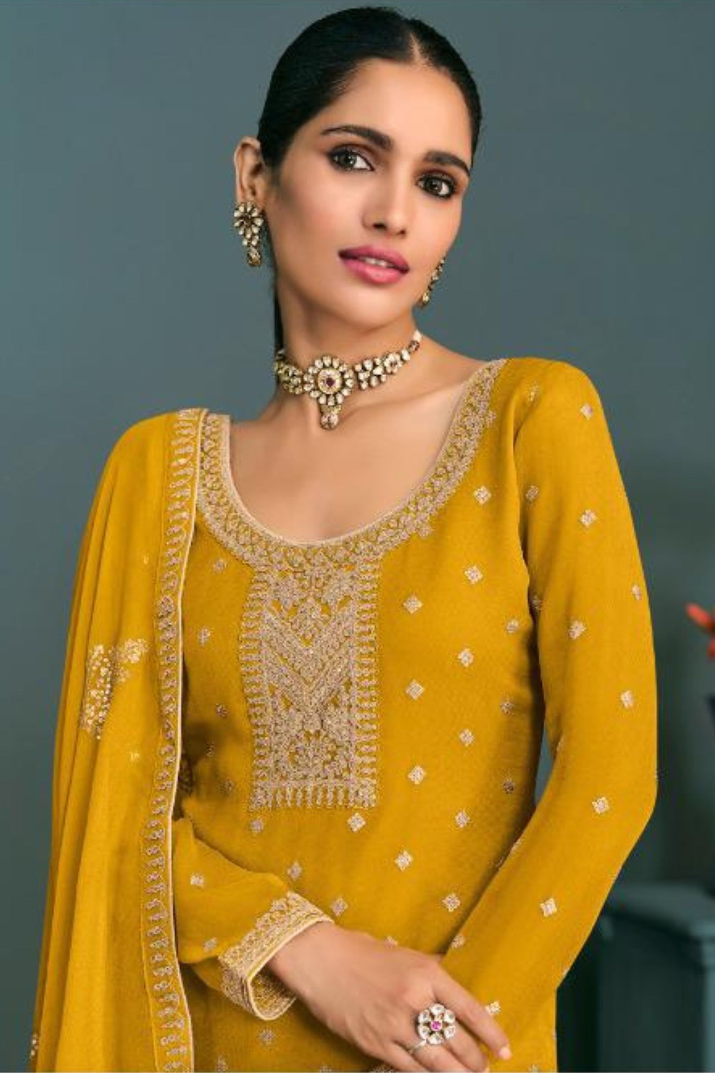 Yellow Georgette Silk Kameez with Pant For Indian Suit Festivals & Pakistani Weddings - Embroidery Work