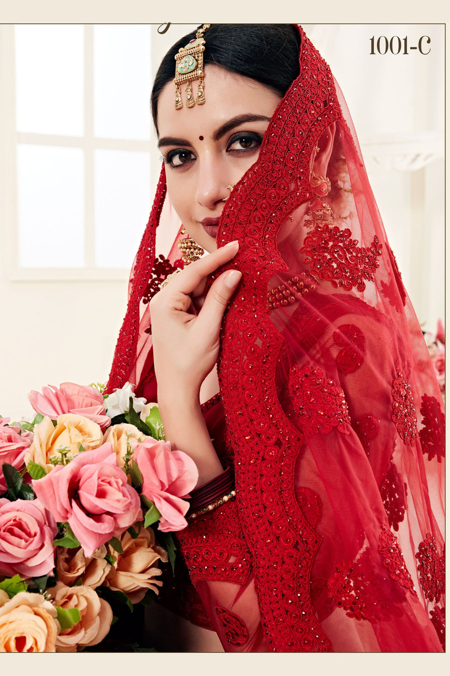 Red Net Lehenga Choli For Indian Festivals & Weddings - Thread Embroidery Work, Codding Embroidery Work, Butta Work, Stone Work