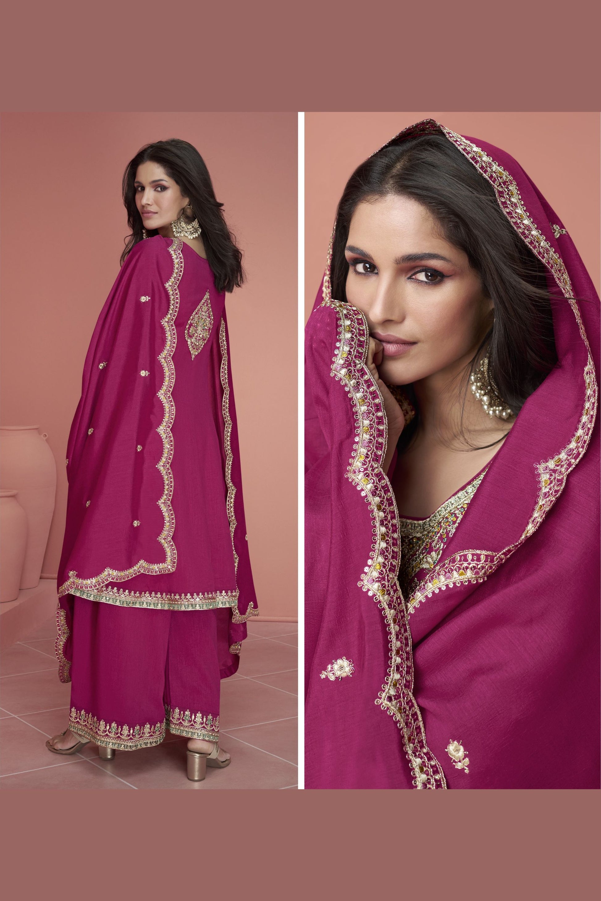 Pink Silk Plazzo Suit For Indian Festivals & Weddings - Thread Embroidery Work