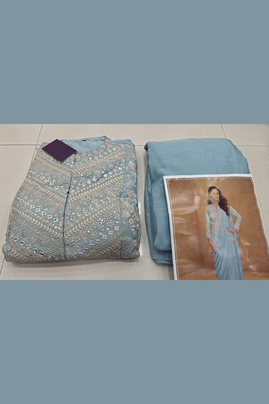 Sky Blue Jacket with Draped Saree in Chinon Silk with Thread & Sequins Embroidery