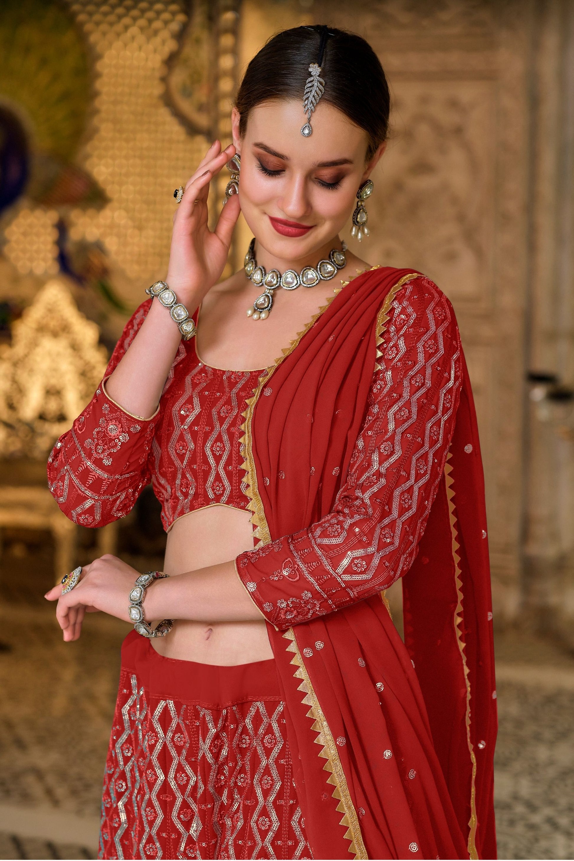 Dark Red Pakistani Georgette Lehenga Choli For Indian Festivals & Weddings - Sequence Embroidery Work,