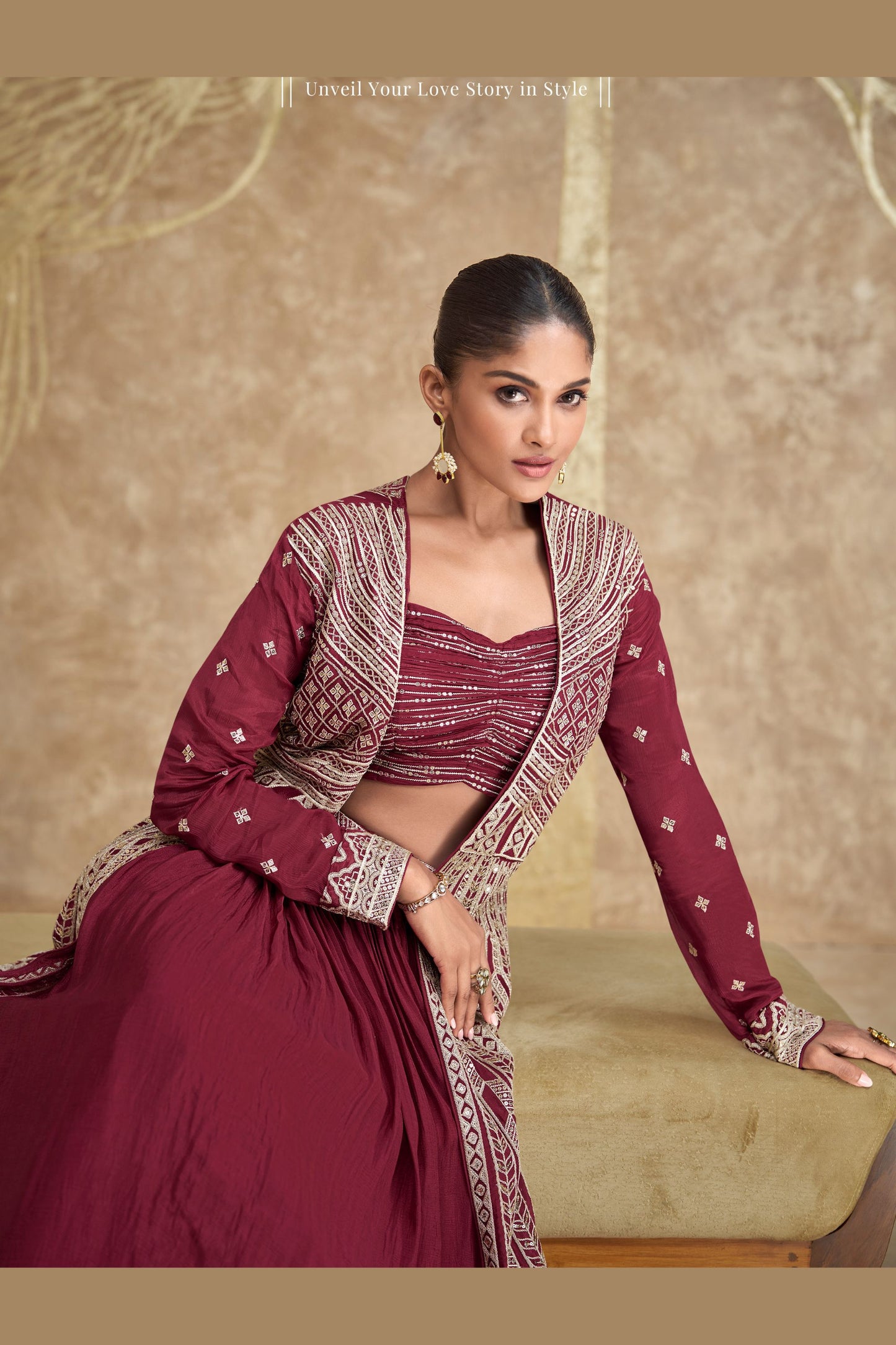 Maroon Chinon Silk Lengha For Indian Festivals & Pakistani Weddings Dress - Embroidery Work