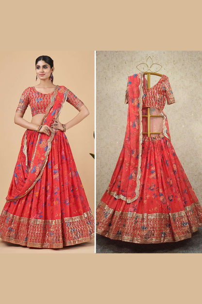 Red Georgette Floral Printed Lehenga Choli For Indian Festivals & Weddings - Sequence Embroidery Work, Zari Work