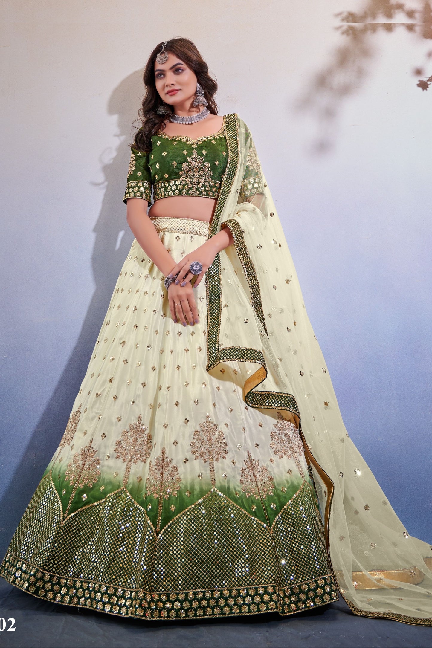 Green Chinon Silk Dual Tone Color Lehenga Choli For Indian Festivals & Weddings - Sequence Embroidery Work