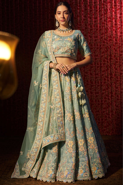 Turquoise Organza Lehenga Choli For Indian Festival & Weddings - Sequence Embroidery Work, Thread Embroidery Work, Dori Work, Zarkan Work