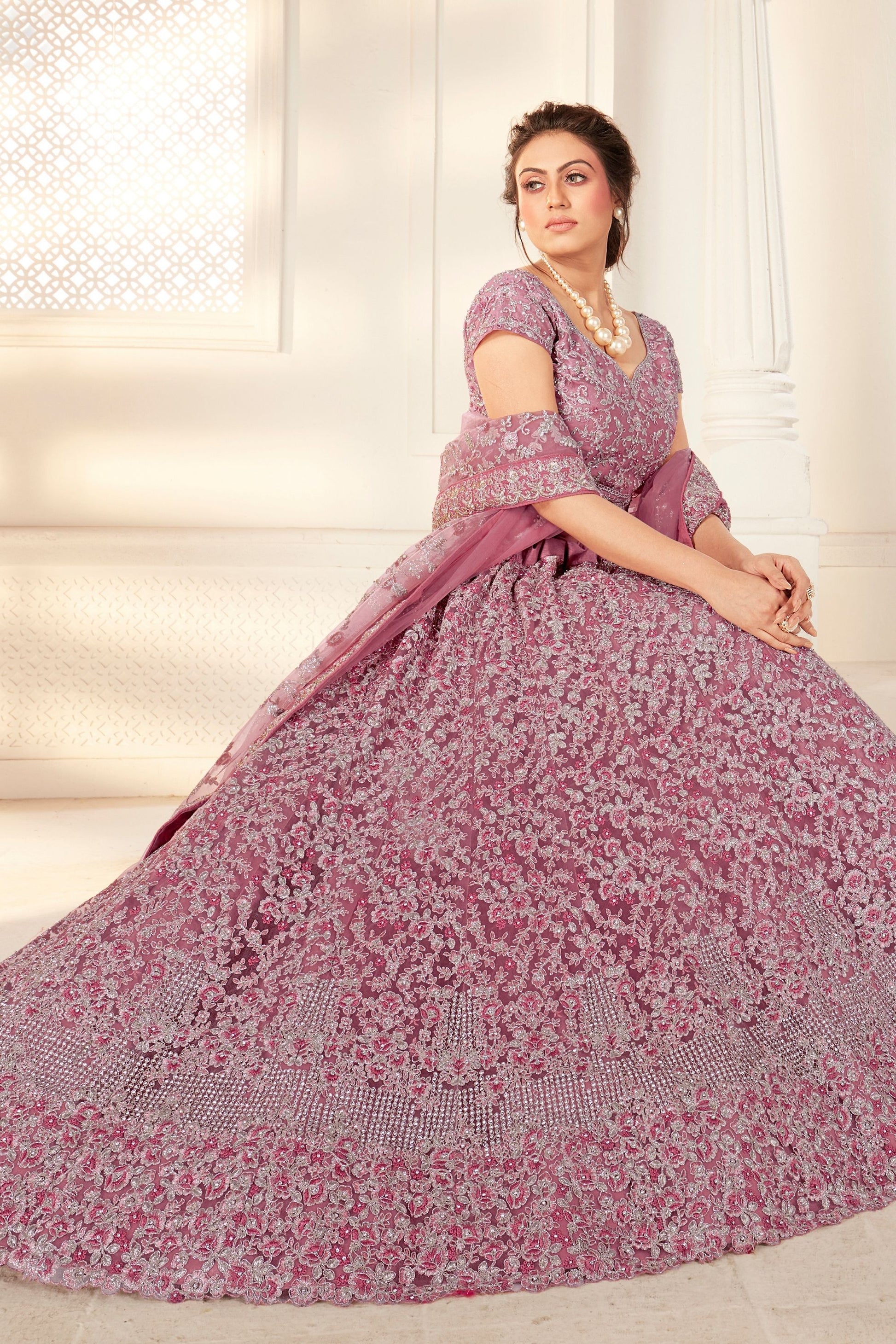 Pink Pakistani Net Lehenga Choli For Indian Festivals & Weddings - Thread Embroidery Work, Zarkan Work