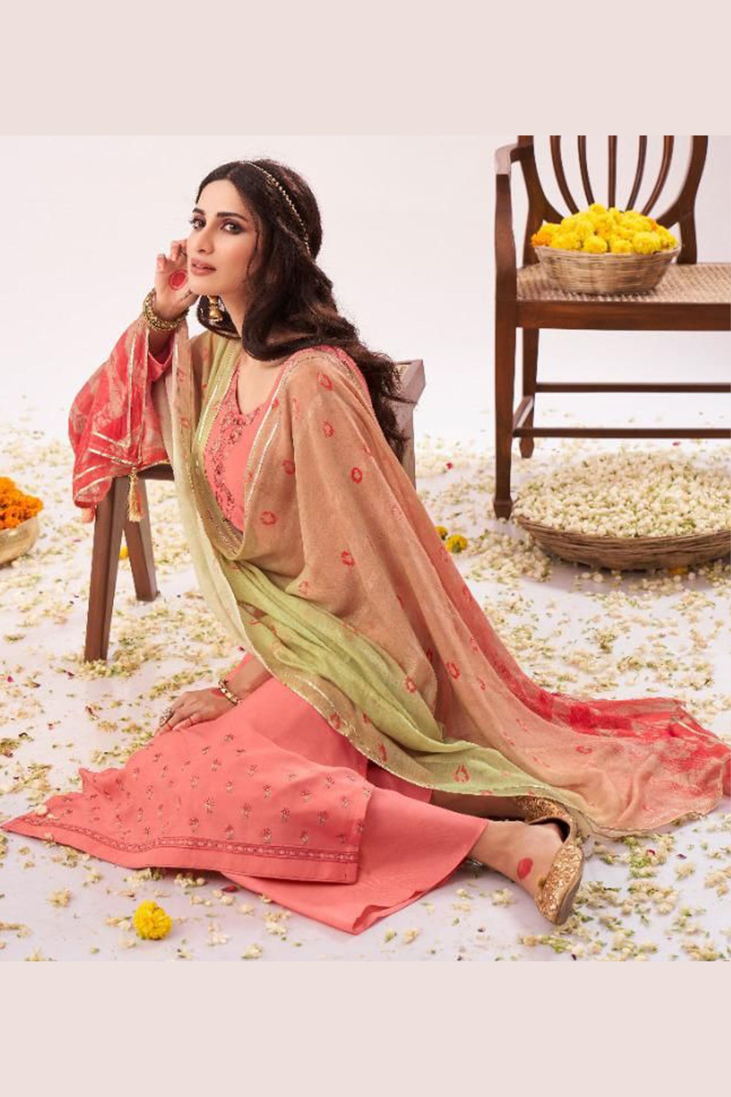 Peach Viscose Muslin Silk Plus Size Upto 9XL Size Kameez with Pant For Indian Suit Festivals & Pakistani Weddings - Embroidery Work