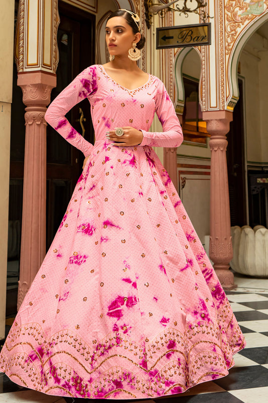 Pink Pakistani Cotton Printed Gown For Indian Festivals & Weddings - Print Work, Sequence Embroidery Work,