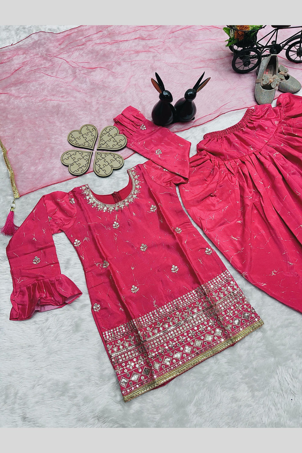 Pinkish Red Chinon Silk Kids Wear Girls Dhoti Style Salwar with Kameez & Dupatta Suit for Kids for Festivals & Wedding - Sequence Embroidery Work, Print Work
