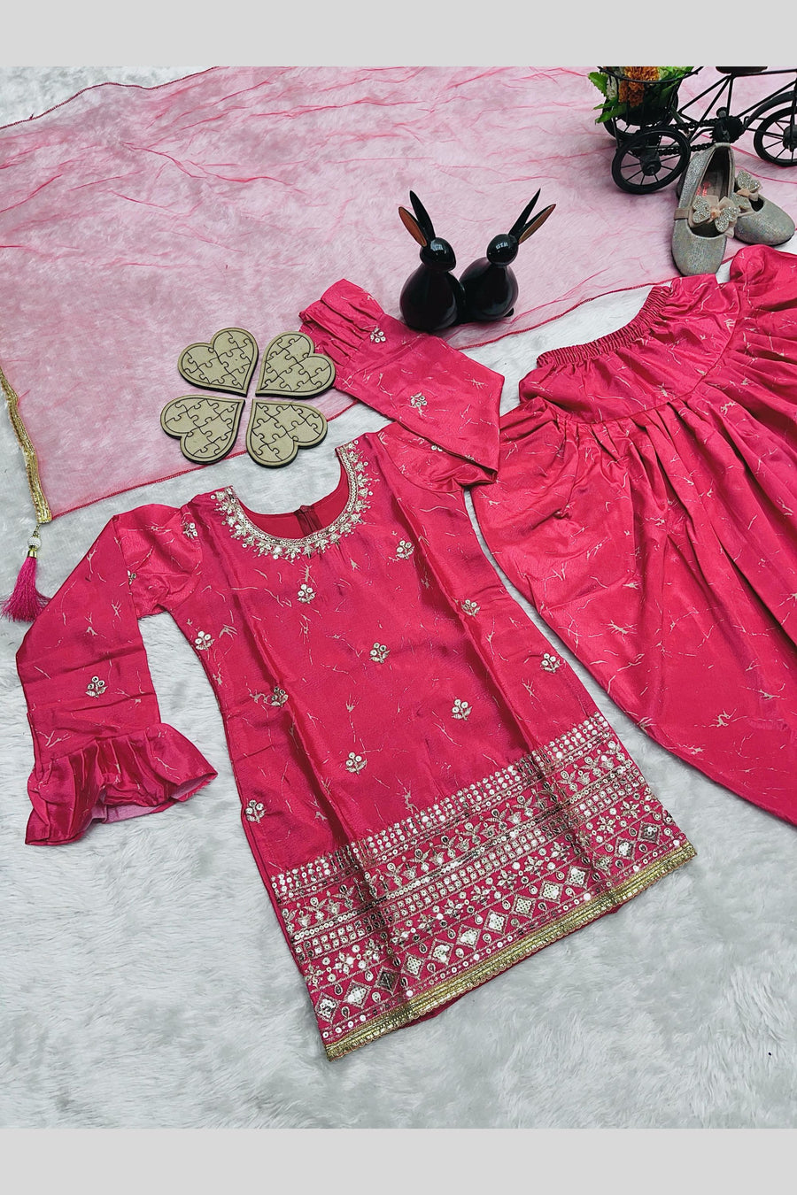 Pinkish Red Chinon Silk Kids Wear Girls Dhoti Style Salwar with Kameez & Dupatta Suit for Kids for Festivals & Wedding - Sequence Embroidery Work, Print Work