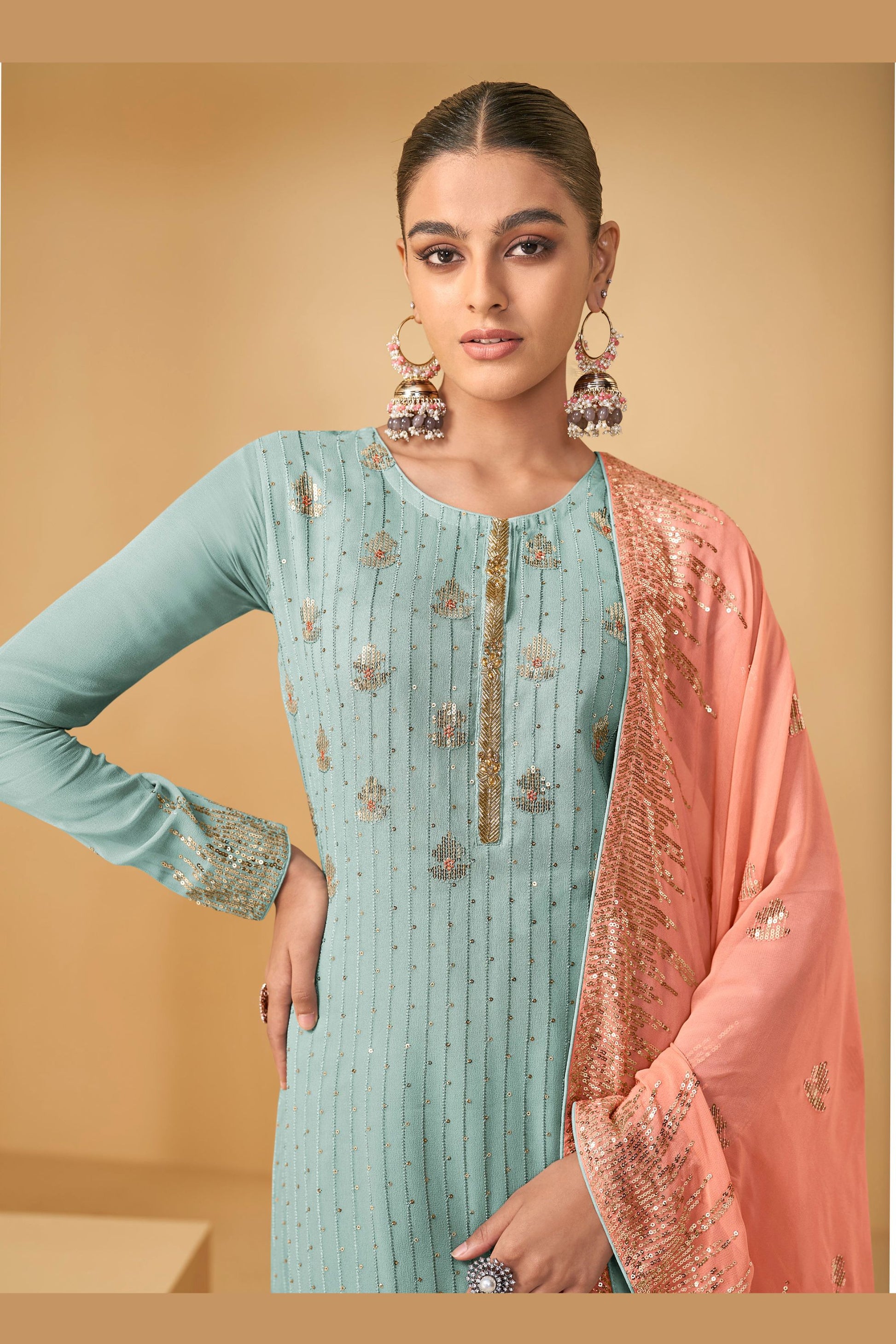 Sky Blue Pakistani Georgette Plazo Suits For Indian Festivals & Weddings - Embroidery Work