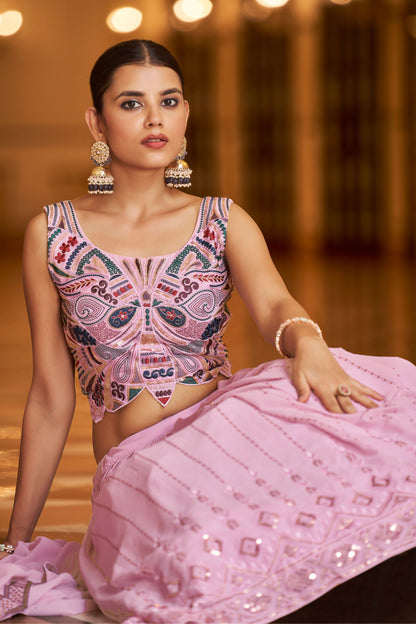 Pink Georgette Lehenga Choli For Indian Festivals & Weddings - Thread Work, Sequence Embroidery Work