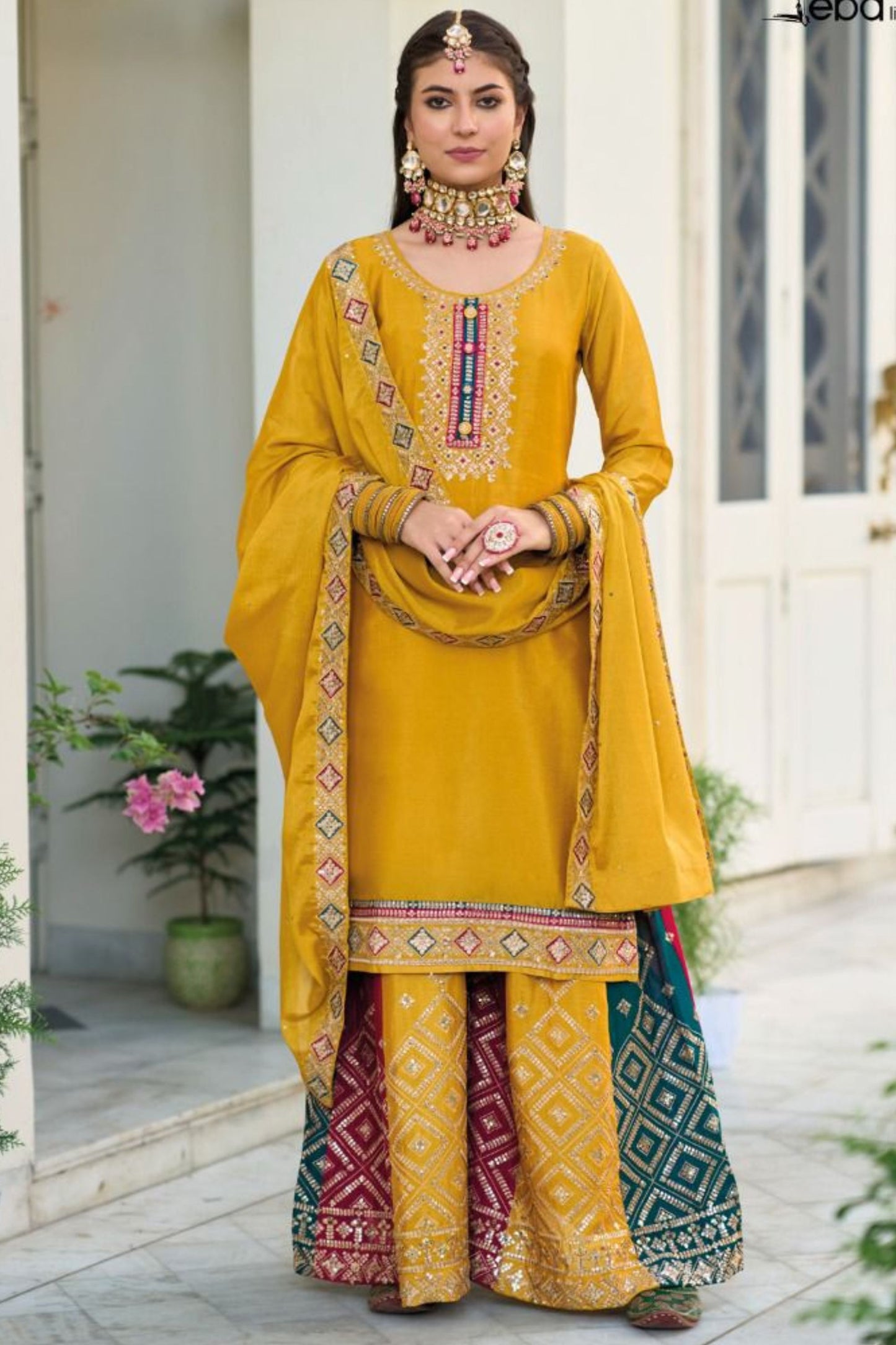 Yellow Chinon Silk Kameez with Plazzo For Indian Suit Festivals & Pakistani Weddings - Embroidery Work