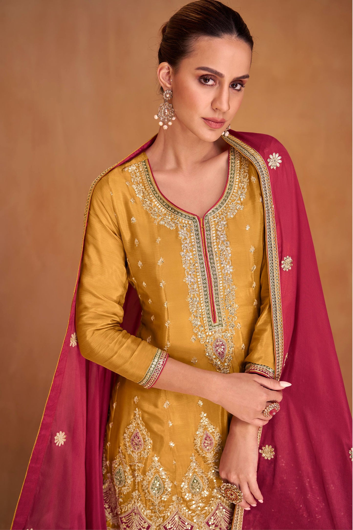 Mustard Pakistani Chinon Silk Plazo Suit For Indian Festivals & Weddings - Embroidery Work