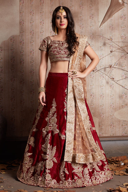 Maroon Velvet Silk Lehenga Choli For Indian Festival & Weddings - Sequence Embroidery Work, Zari Work, Dori Work