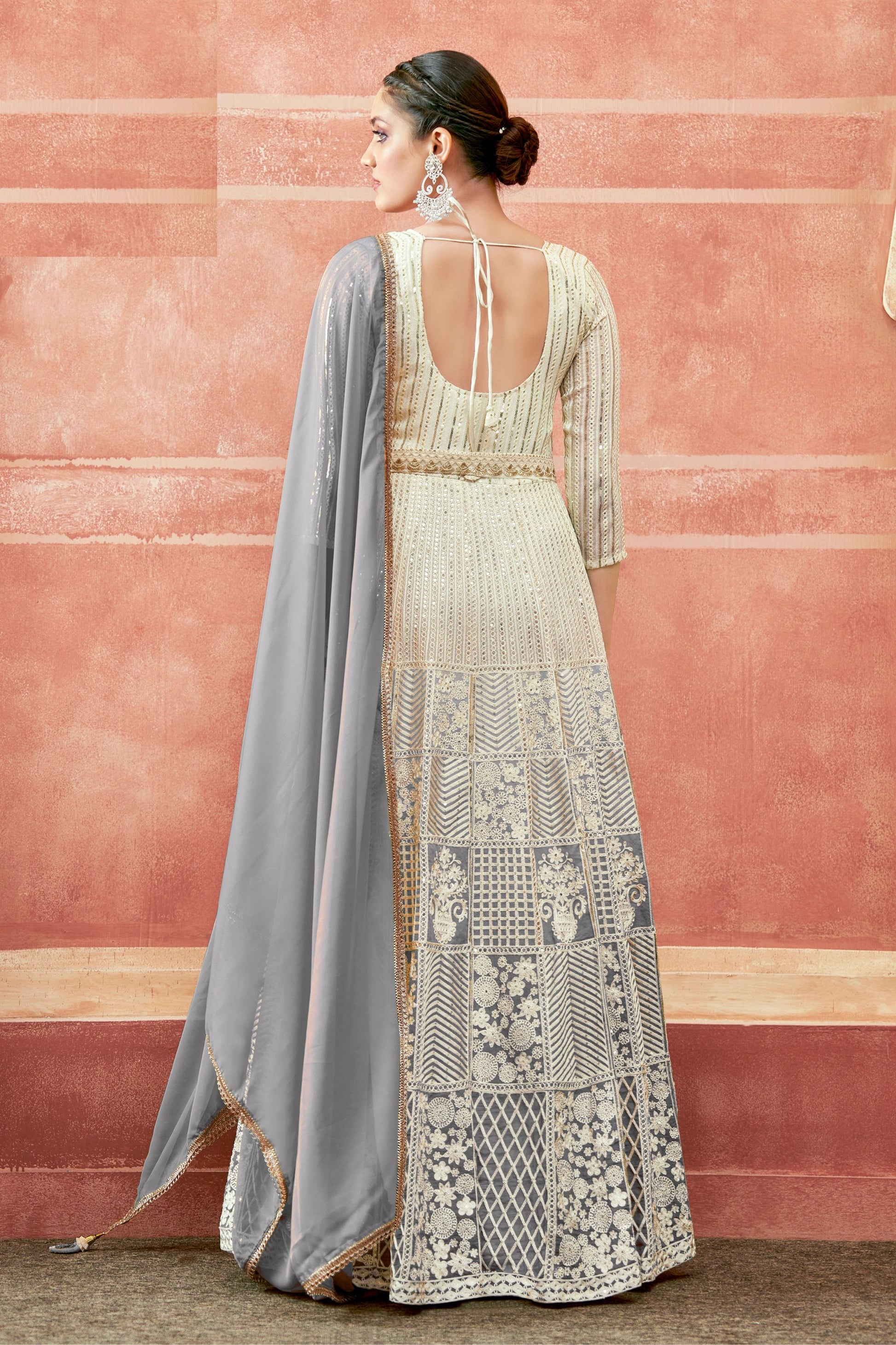 Gray Georgette Full Floor Dual Tone Length Anarkali Gown For Indian Festivals & Weddings - Thread Embroidery Work, Print Work