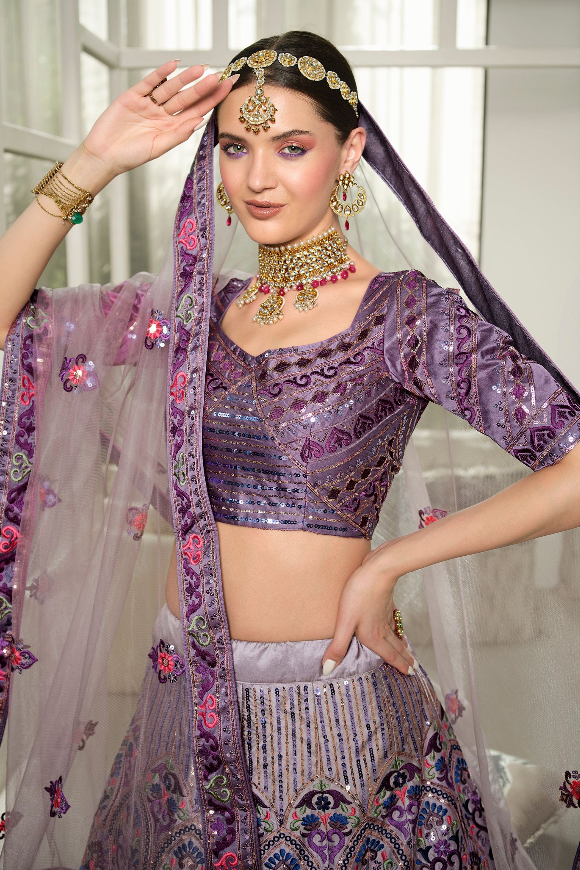 Purple Silk Lehenga Choli For Indian Weddings & Festivals - Thread Work, Sequence Embroidery Work