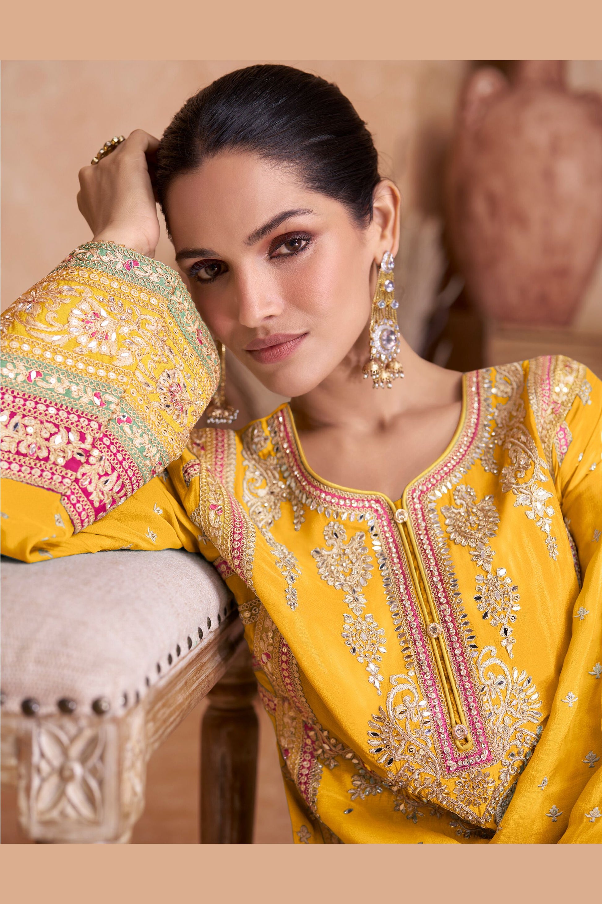 Yellow Pakistani Chinon Plazo Suit For Indian Festivals & Weddings - Embroidery Work