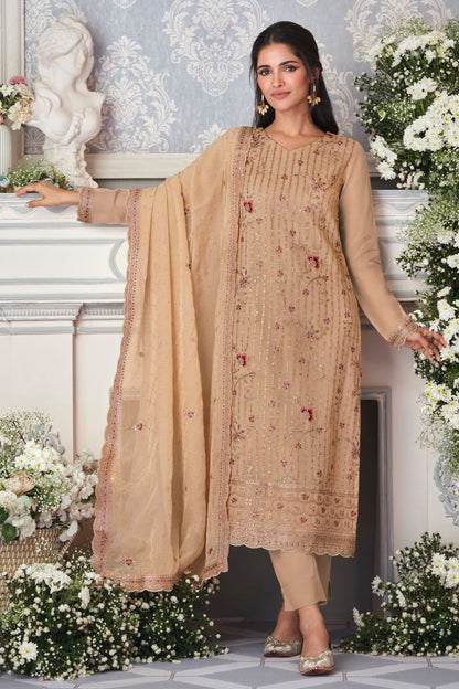 Dark Cream Organza Silk Kameez with Pant For Indian Suit Festivals & Pakistani Weddings - Embroidery Work