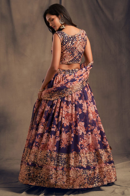 Dark Blue Organza Lehenga Choli For Indian Festival & Weddings - Embroidery Work, Print Work