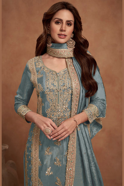 Grey Simar Silk Plazo Suit For Indian Festivals & Weddings - Embroidery Work