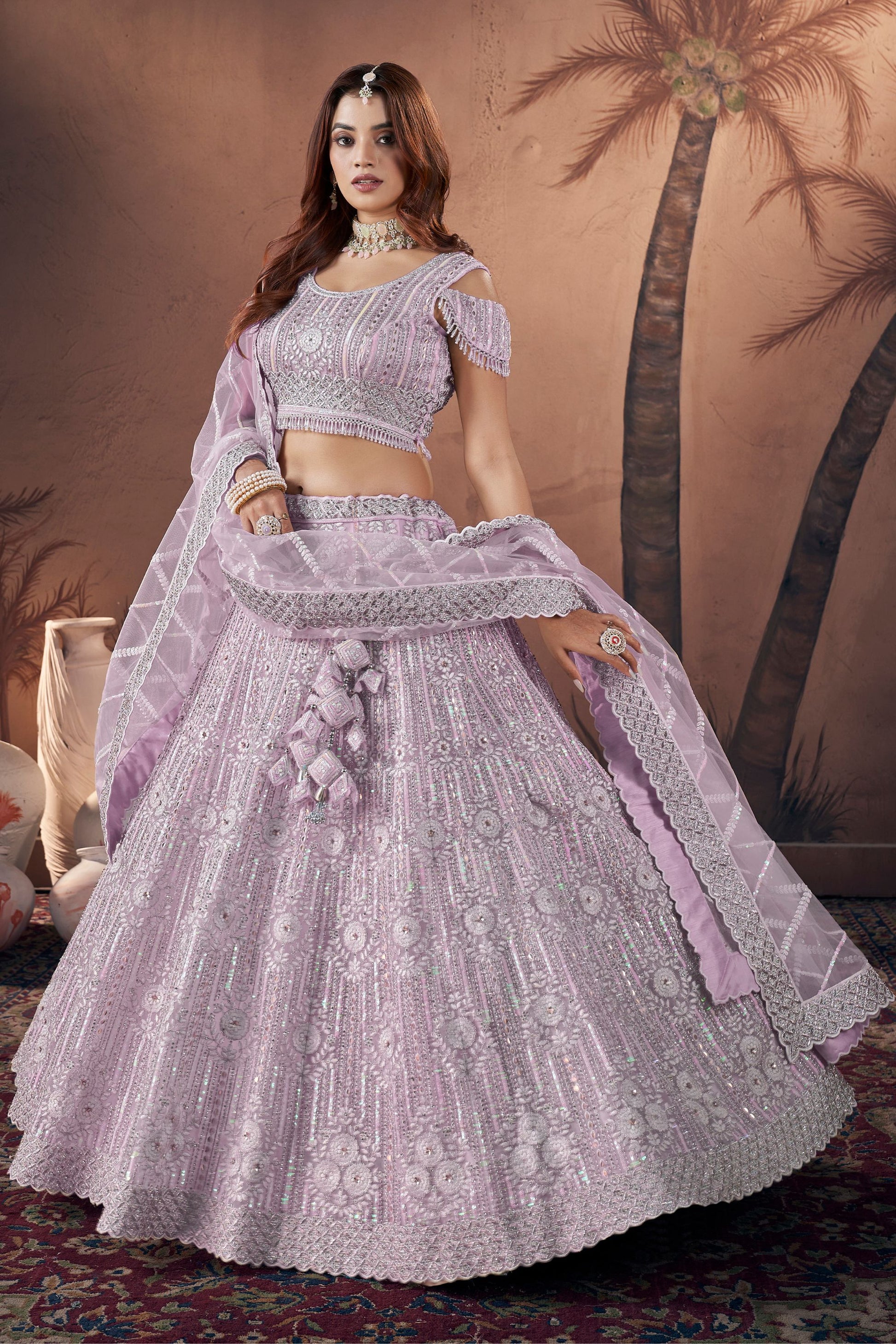 Light Purple Net Lehenga Choli For Indian Festivals & Wedding - Zarkan Work, Sequence Embroidery Work, Khatli Work