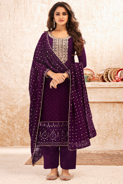 Dark Purple Georgette Kameez with Pant For Indian Suit Festivals & Weddings - Embroidery Work