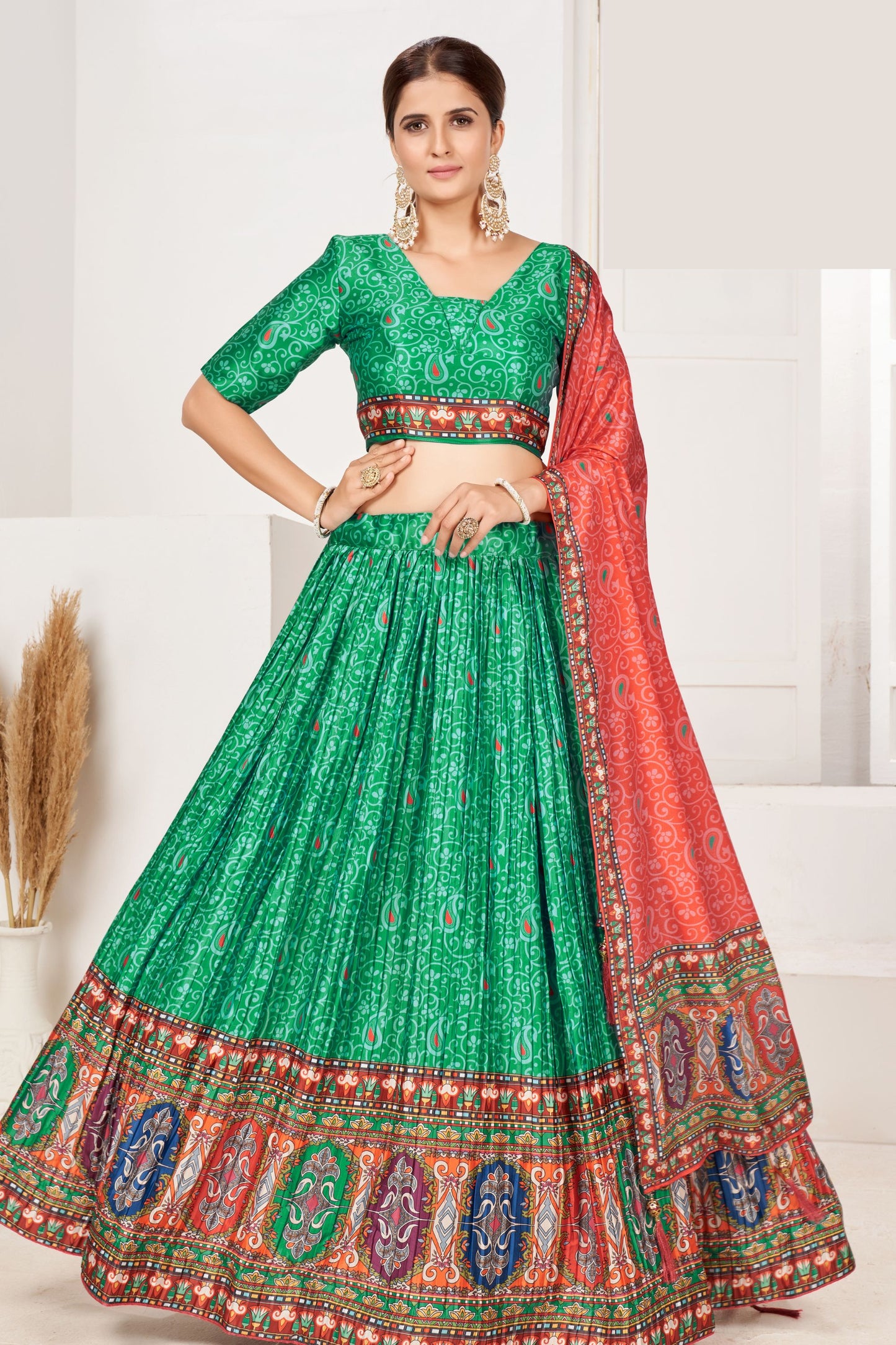 Green Pakistani Crepe Printed Lehenga Choli For Indian Festivals & Weddings - Print Work,