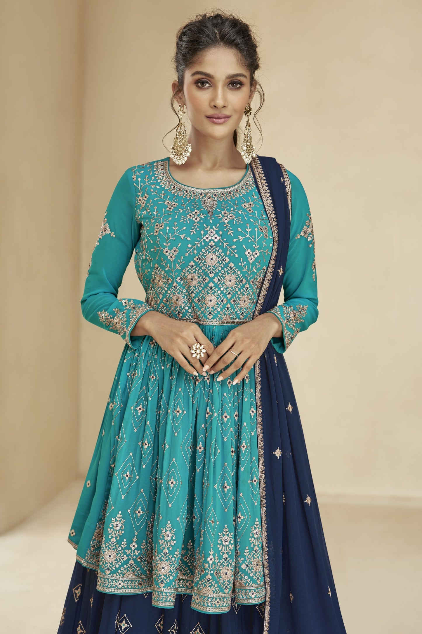 Teal Pakistani Georgette Salwar Kameez For Indian Festivals & Weddings - Thread Embroidery Work