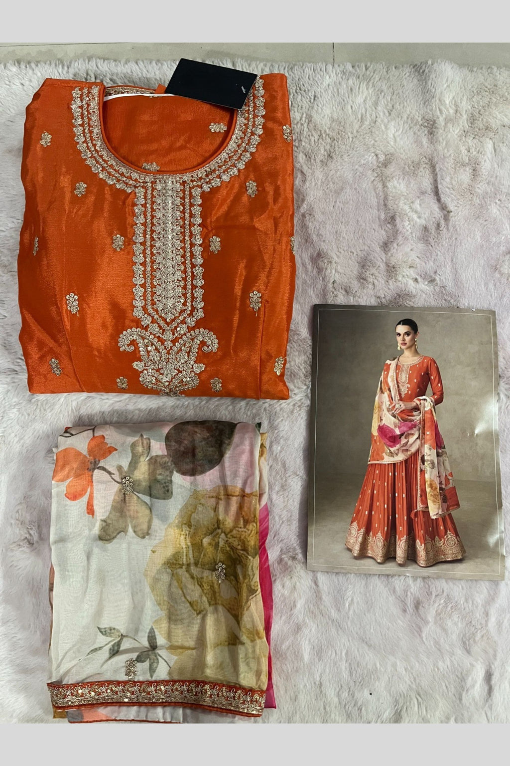 Orange Chinon Silk Anarkali Suit For Indian & Pakistani Wedding Festival - Thread & Sequence Embroidery Work, Print Work