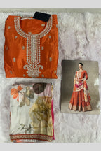 Orange Chinon Silk Anarkali Suit For Indian & Pakistani Wedding Festival - Thread & Sequence Embroidery Work, Print Work