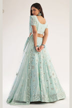 Light Pista Net Lehenga Choli For Indian Festivals & Weddings - Thread Embroidery Work, Mirror Work, Zari Work, Zarkan Work