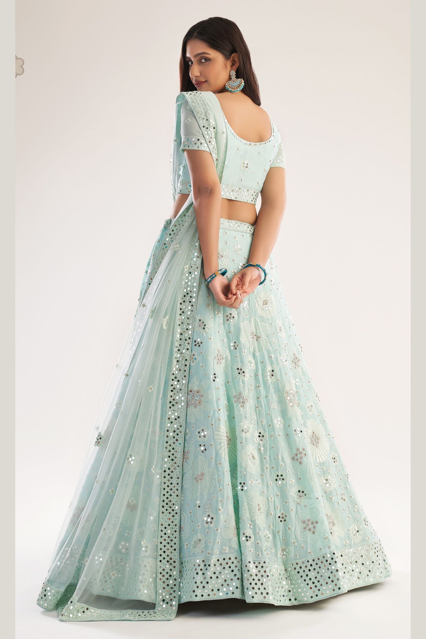 Light Pista Net Lehenga Choli For Indian Festivals & Weddings - Thread Embroidery Work, Mirror Work, Zari Work, Zarkan Work