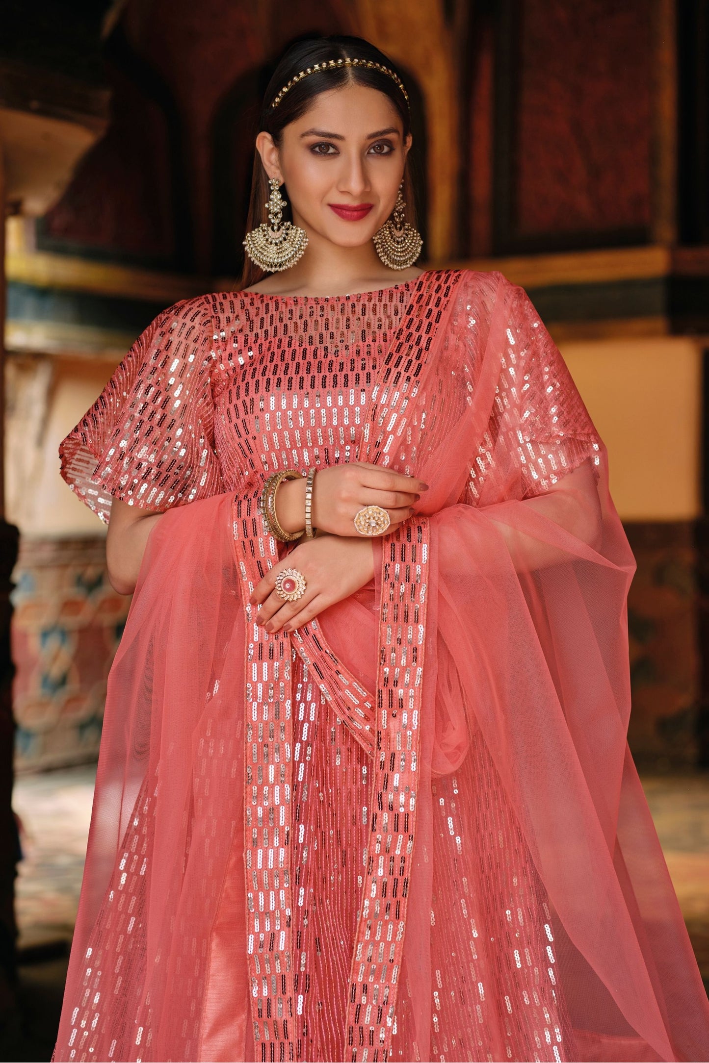 Pink Pakistani Net Lehenga Choli For Indian Festivals & Weddings - Sequence Embroidery Work,