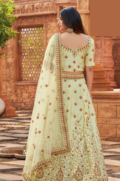 Green Pakistani Satin Lehenga Choli For Indian Festivals & Weddings - Thread Embroidery Work,